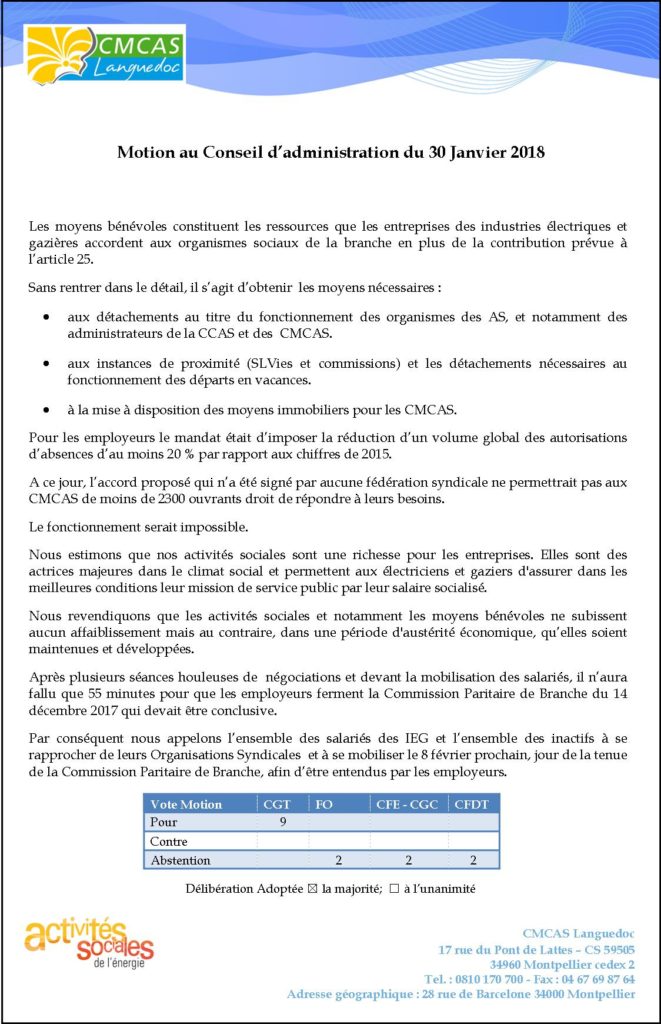 Motion du Conseil d'Administration de la Cmcas Languedoc du 30 janvier 2018