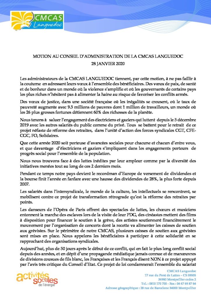 Motion au Conseil d'Administration de la CMCAS LANGUEDOC 28 janvier 2020