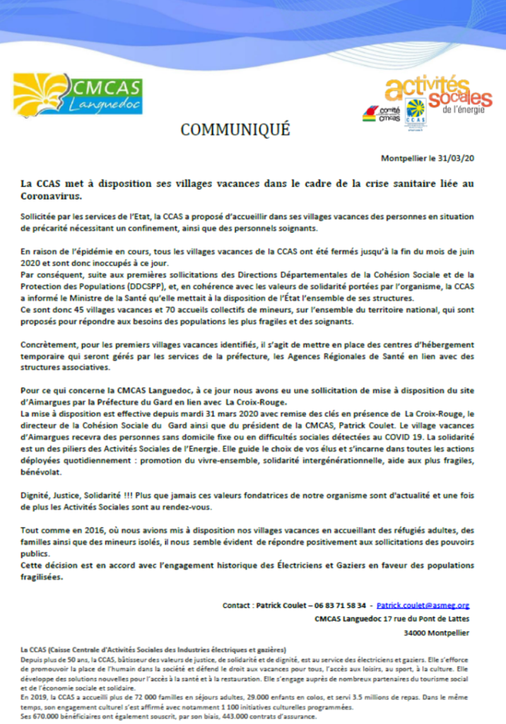 La CCAS met à disposition le village vacances d'Aimargues dans le cadre de la crise sanitaire liée au Coronavirus.
