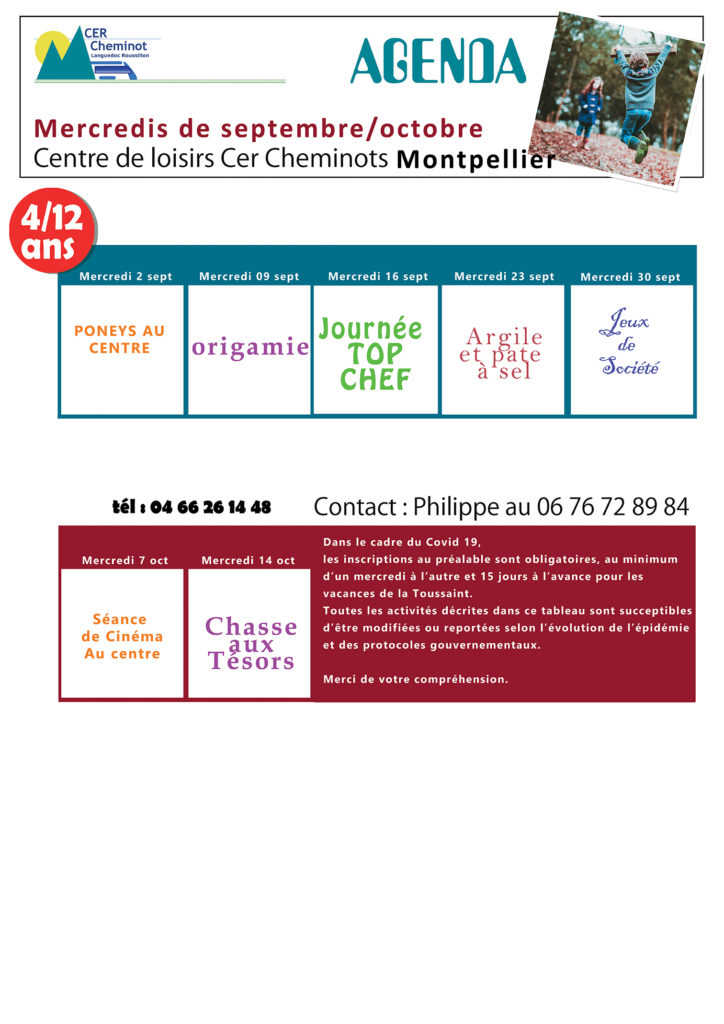 Agenda CER Cheminot Montpellier -  mercredis des mois de septembre et octobre
