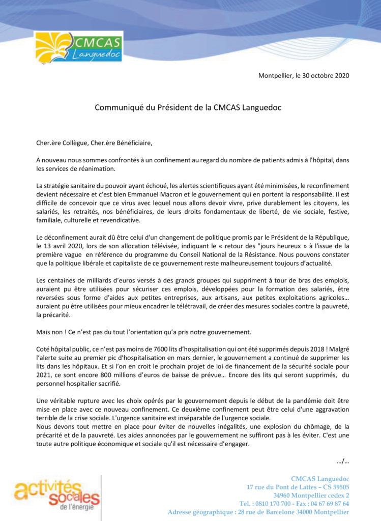 Communiqué du Président de la CMCAS Languedoc