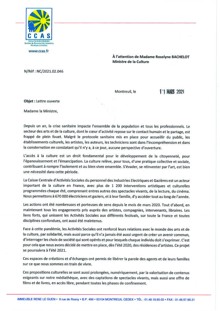 Lettre ouverte du Président de la CCAS Nicolas CANO à la Ministre de la Culture Roselyne BACHELOT