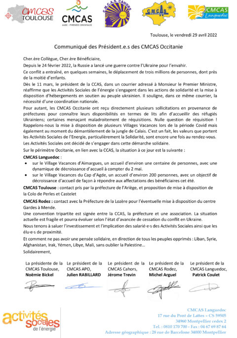 Communiqué des Président.e.s des CMCAS Occitanie